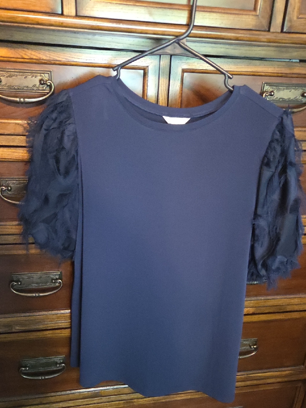 Cato Navy Crewneck Eyelash Puff Sleeve Blouse